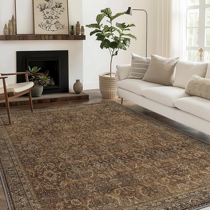 6X9 Area Rugs Machine Washable Rugs for Living Room, Vintage Boho Large Rugs for Bedroom Dining Room, Non Slip Indoor Soft Distressed Lightweight Thin Low Pile Carpet, Rustic Brown