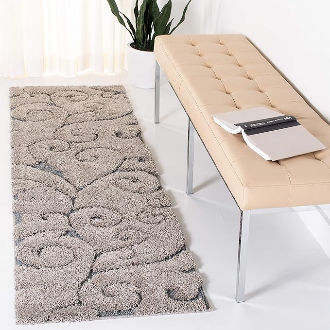 SAFAVIEH Florida Shag Collection Runner Rug - 2'3" x 11', Grey & Light Blue, Scroll Design, Non-Shedding & Easy Care, 1.2-inch Thick Ideal for High Traffic Areas in Living Room, Bedroom (SG455-1160)
