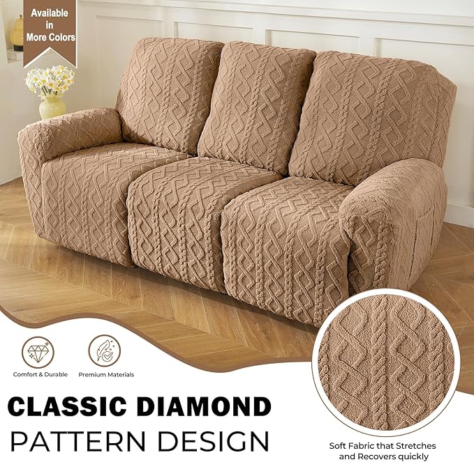 vctops 8 Pieces Geometric Jacquard Plush Recliner Sofa Covers Soft Fuzzy Fluffy 3 Seats Couch Cover Anti-Slip Sofa Slipcover Furniture Protector with Elastic Bottom for Kids Pet(Brown,3 Seat)