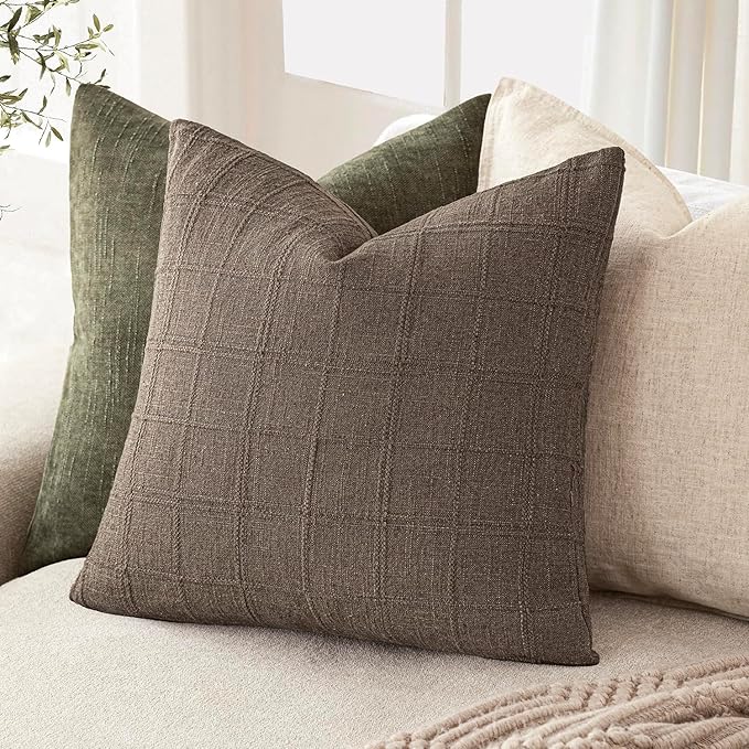 Foindtower Set of 2 Decorative Linen Check Throw Pillow Covers Neutral Farmhouse Vintage Cushion Covers Modern Boho Home Decor for Sofa Chair Couch Bedroom Living Room Outdoor,16×16 Inch,Taupe Grey