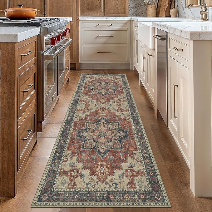GENIMO 2'6''x14 Runner Rugs for Hallway, Machine Washable Non Slip Vintage Retro Rugs, Low Pile Lightweight Soft Print Rug for enrtyway, Corridor, Home Office, Kitchen, Bordeaux