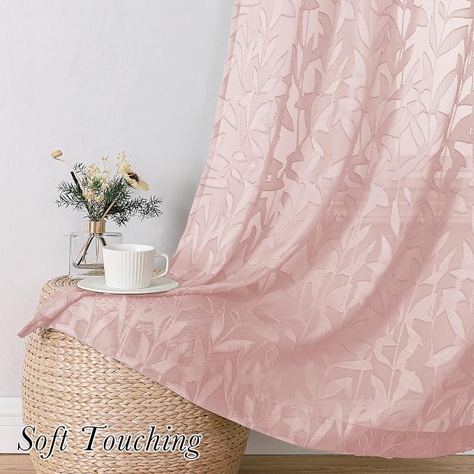 Lecloud Leia Blush Pink Sheer Curtains 96 Inches Long 2 Panels, Airy Leaf - Image 8