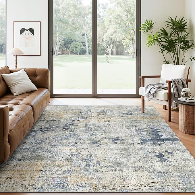 Abstract Rug 5x7 Machine Washable Area Indoor Blue Yellow Low Pile Non-Slip by Soalmost
