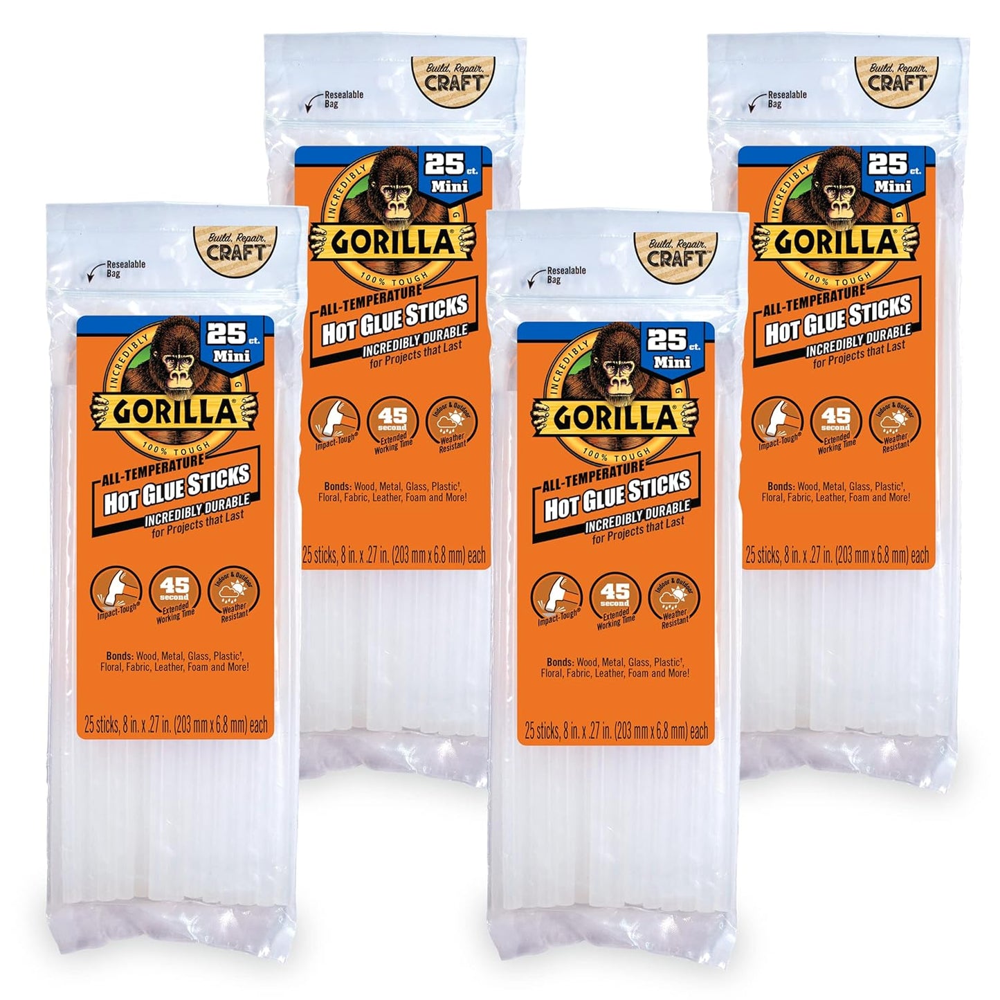 Gorilla Hot Glue Sticks, Clear Glue, Mini Size 8" Long x 0.27" Diameter, 25 Count (Pack of 4) - Safe for All Temperatures with Extended Working Time