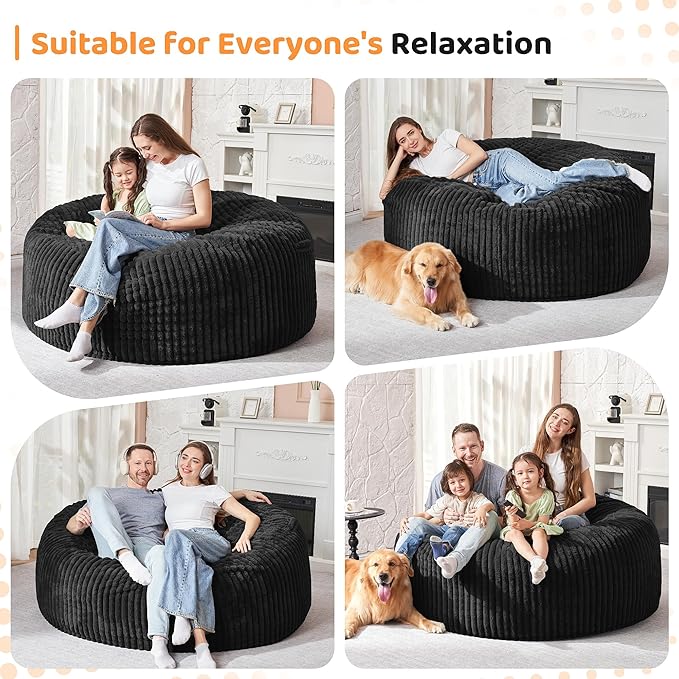 HABUTWAY 5FT Bean Bag Chair, 5' Large Bean Bag Chairs for Adults with Removable Stripe Plush Cover, Memory Foam Beanbag Chair for Living Room Bedroom Dorm (Black)