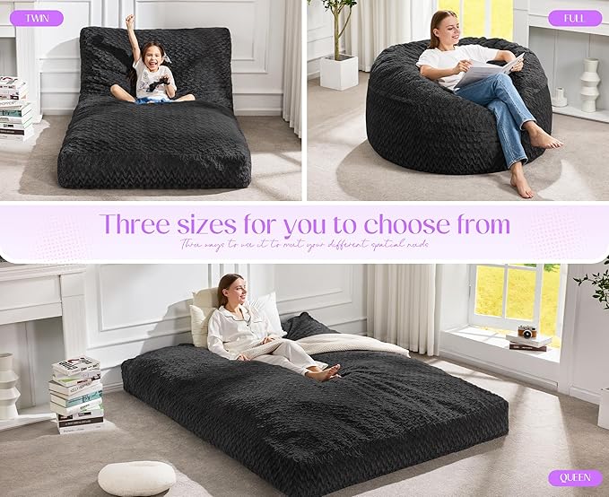 Hobestluk Bean Bag Chair Convertible Beanbag Chairs for Adults, 3 in 1 Bean Bags with Plush Chevron Cover, Adult Bean Bag Chair for Living Room, Bedroom (Black, Queen)