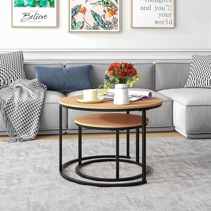 Industrial Round Coffee Table Set of 2 End Table for Living Room,Stacking Side Tables, Sturdy and Easy Assembly,Wood Look Accent Furniture with Metal Frame,Black+Teak OAKDK