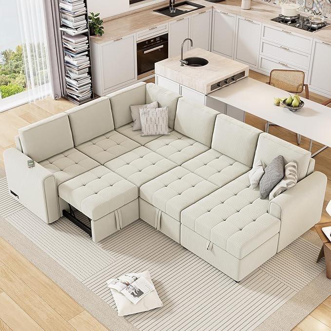 107.5" Corduroy U Shaped Sofa,Sectional Sleeper Couch Pull Out Bed with Storage Chaise,Convertible Corner Sofa-Bed w/Portable Handles and Smooth Wheels,2 USB,for Living Room,Beige