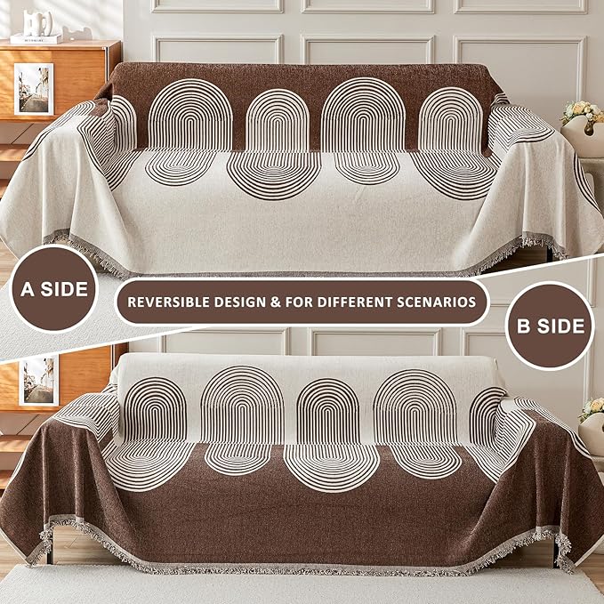 STACYPIK Soft Boho Chenille Couch Cover for Pets Beige Khaki Sofa Cover for 3 Cushion Couch Non Slip Furniture Protector with Tassels Geometric Couch Cover L Shaped Pet Friendly Washable-71x134IN