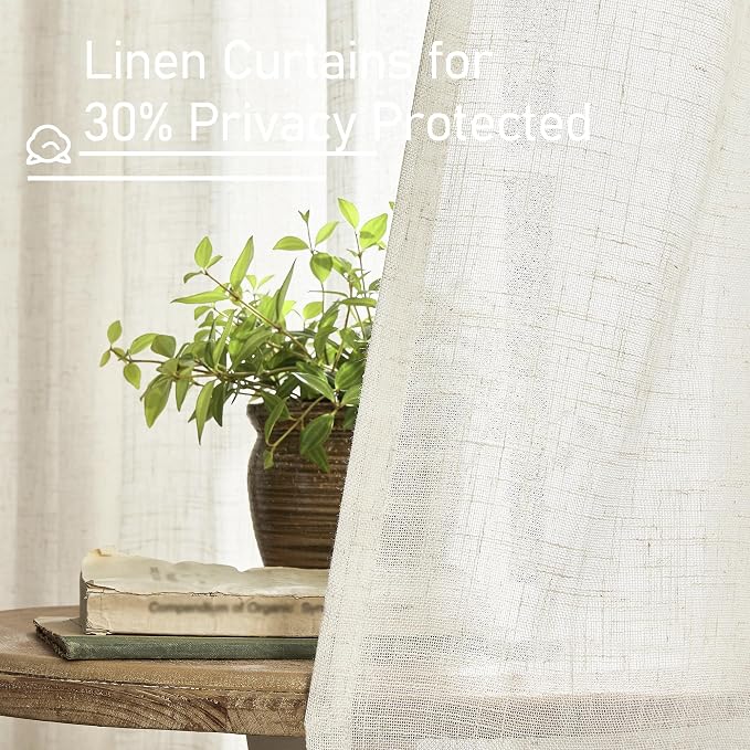 LAMIT Semi Sheer Linen Window Curtains 63 Inch Length, Light Filtering Neutral - Image 5