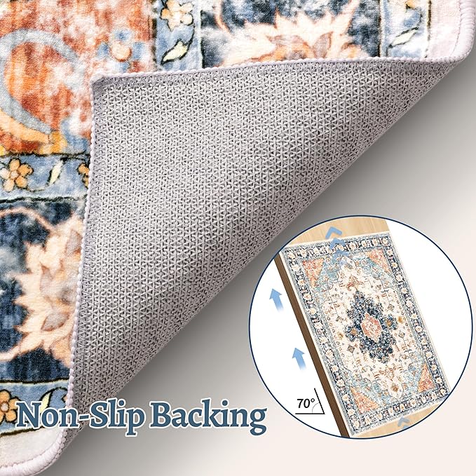 Tangsoo 5x7 Area Rug Washable Rug for Living Room, Vintage Rug Indoor Non Slip Large Area, Print Distressed Blue Carpet, Soft Low Pile Foldable Floor for Bedroom Dining Room Dorm