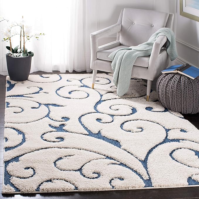 SAFAVIEH Florida Shag Collection Area Rug - 6' x 9', Cream & Blue, Scroll Design, Non-Shedding & Easy Care, 1.2-inch Thick Ideal for High Traffic Areas in Living Room, Bedroom (SG455-1165)