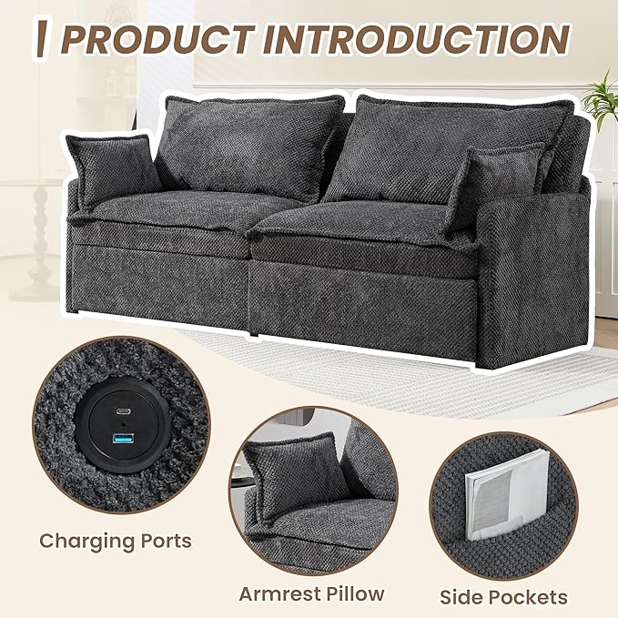Furnimart 73.6" King Size Pull Out Sofa Bed, 3 in 1 Convertible Sleeper Bed with USB/C-Type Charging Ports & Side Pockets, Modern Futon Couch for Living Room, Apartment, Bedroom, Corduroy Dark Grey