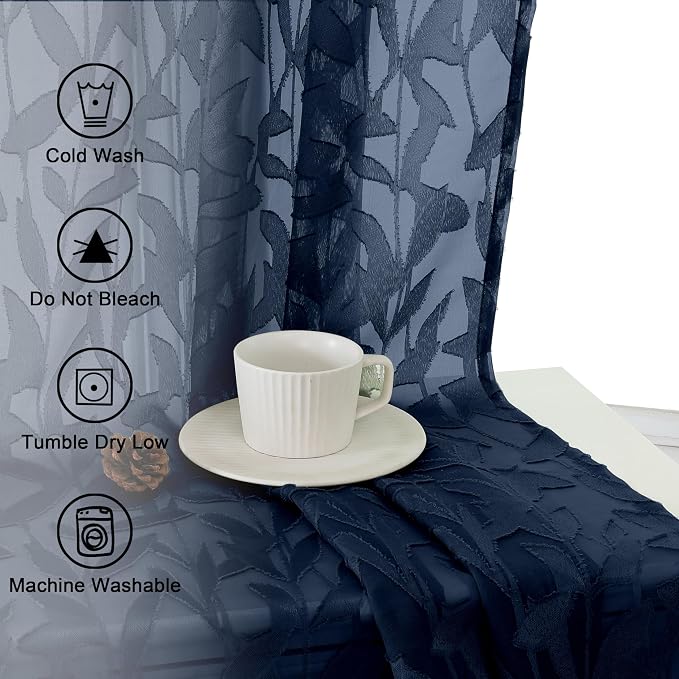 Lecloud Leia Navy Blue Sheer Curtains 45 Inch Length 2 Pcs, Dual Rod Pocket - Image 8
