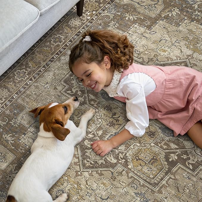 GENIMO 2x6 Runner Rugs for Hallway, Machine Washable Non Slip Vintage Rugs, Low Pile Lightweight Soft Print Rug for enrtyway, Corridor, Home Office, Kitchen, Rustic Brown
