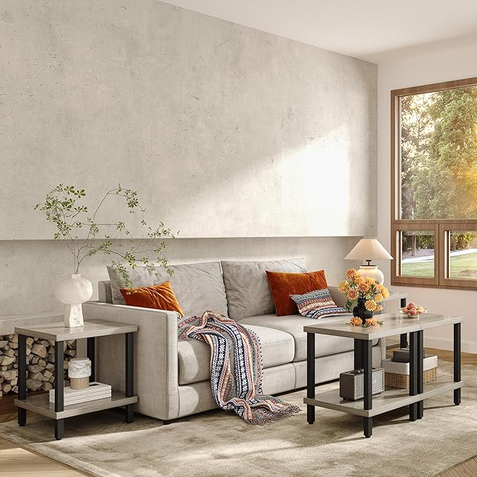 Large End Table Square Side Table Modern Sofa Table 20 Inch Industrial Coffee Table NightStand with 2-Tier Storage Shelf for Living Room Bedroom Oak Grey MLBZ06Z