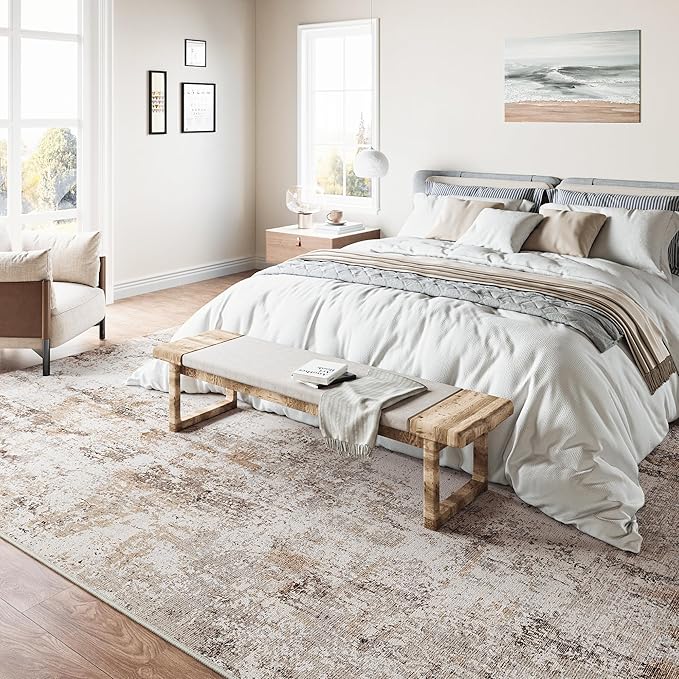 9x12 Washable Area Rug Brown Grey Neutral Abstract Living Room Bedroom Large Throw Rug Non Slip Soft Low Pile Indoor Floor Carpet for Dining Room Kitchen Office Entryway