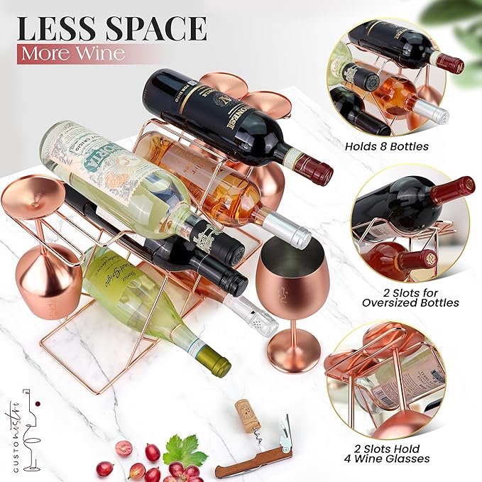 Gusto Nostro Countertop Wine Rack with Glass Holder for 8 Bottles & 4 Glasses, Small Modern Tabletop Wine Rack - No Assembly Wine Holder Stand for Home Kitchen Cabinet Wine Cellar Storage (Rose Gold)