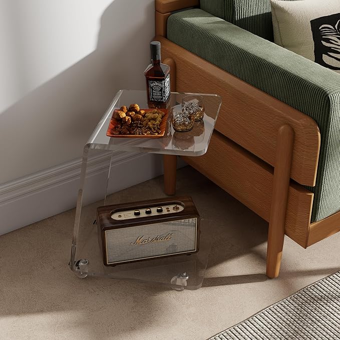 Modern Acrylic Side Table, Mobile C Shaped End Table for Sofa, Invisible Style Nightstand/Drink Tables/Snack Rolling Cart - Unique Stable Trapezoid Frame Design