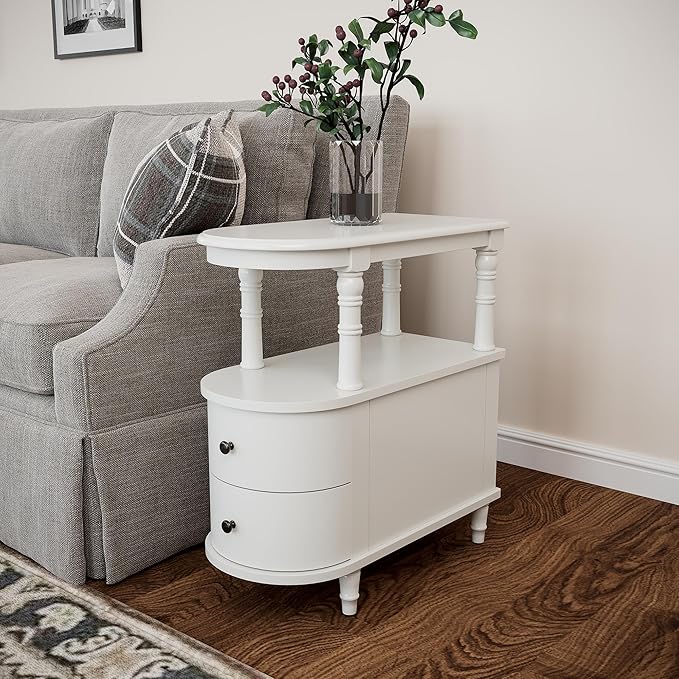 Wood End Table with 2 Drawers and Storage Shelf, Narrow Sofa Side Table for Living Room, Vintage Slim Nightstand Bedside Table for Bedroom, Slim Chair Side Table White BGA508WT