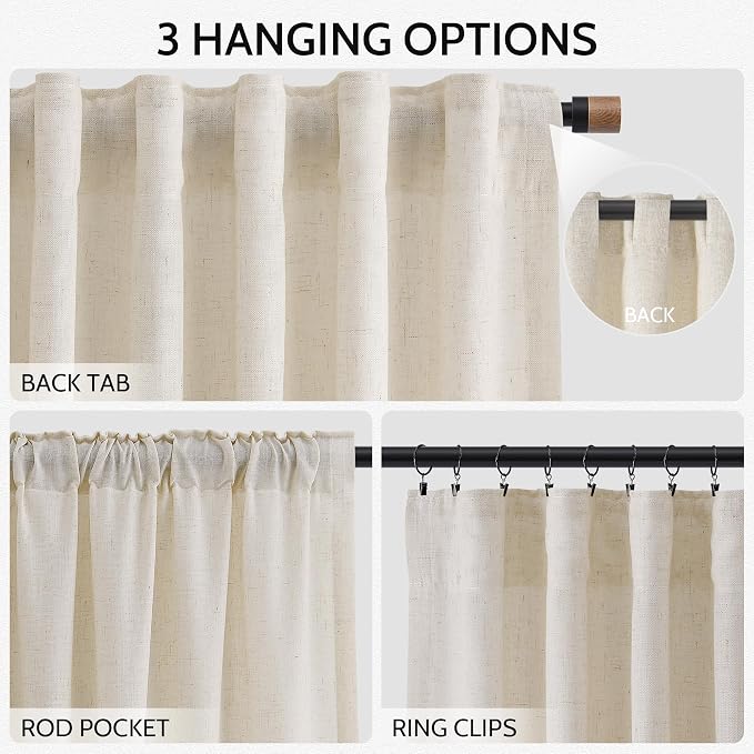Birch Beige Linen Curtains for Living Room 100 Inches Long Light Filtering Semi - Image 2