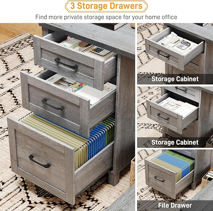 59” L Shaped Executive Desk with Power Outlets, Farmhouse Home Office Desk with Flie Drawer,Stroage Cabinet, Wood Corner Sturdy Writing Workstation.(Gray.