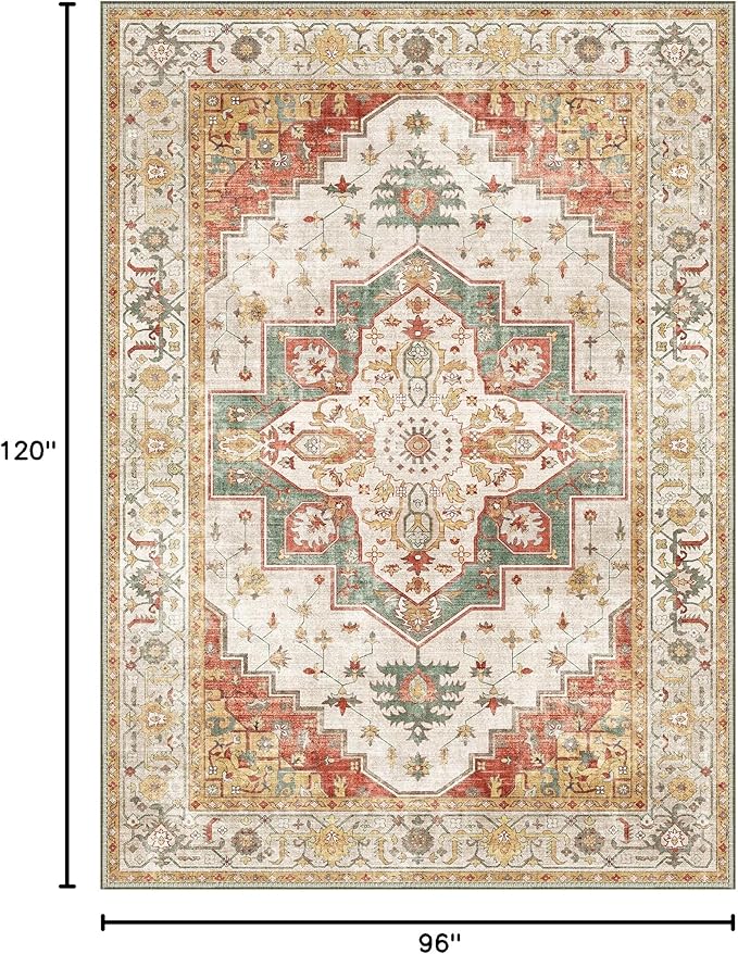 8X10 Area Rugs Machine Washable Rugs for Living Room, Vintage Boho Large Rugs for Bedroom Dining Room, Non Slip Indoor Soft Distressed Lightweight Thin Low Pile Carpet, Yellow Slate Green