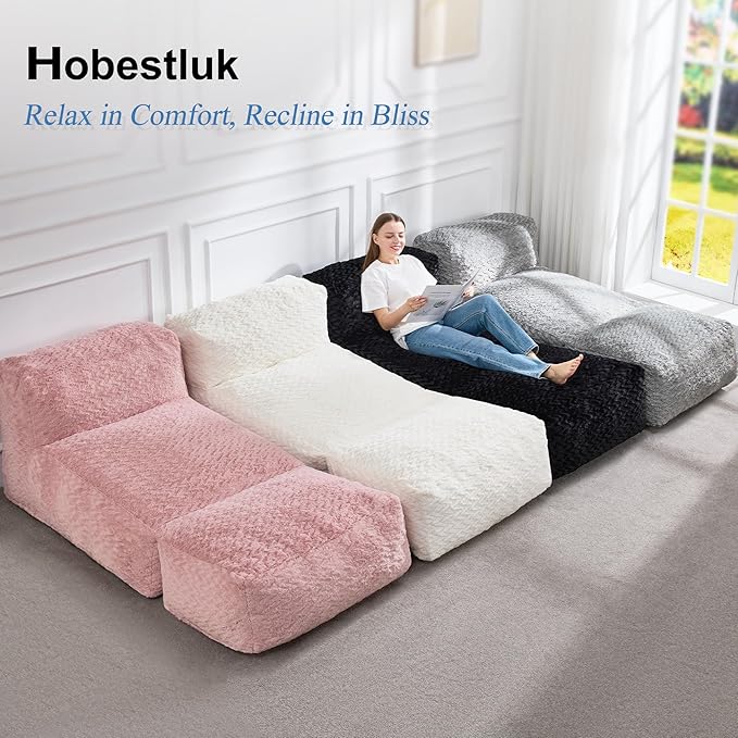 Hobestluk Bean Bag Chair Big Bean Bag Lounger for Adults Bean Bag Couch with Memory Foam Filled for Living Room, Bedroom or Balcony (Chevron Plush Black)
