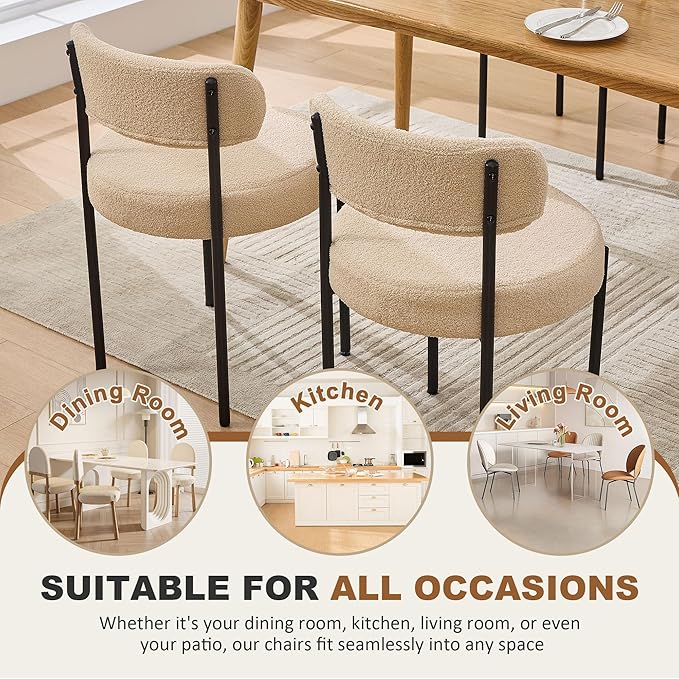 Boucle Dining Chairs, Kitchen Dining Room Chairs Curved Backrest Upholstered Mid Century Modern Dining Chairs (Beige, 2pcs)