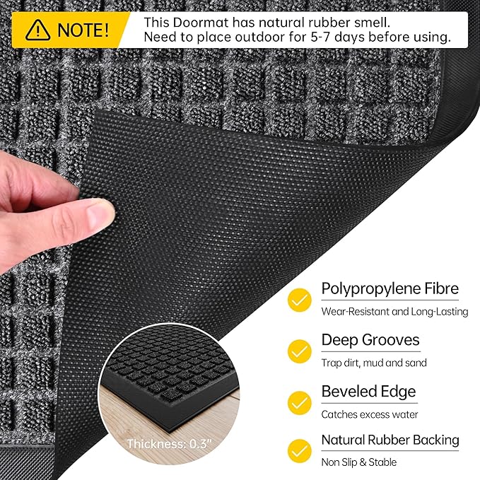 Sturdy Front Door Mat Outside Entrance, 4' x 2' All-Season All-Weather Doormat Waterproof, Stain and Fade Resistant, Natural Rubber Indoor Outdoor Welcome Door Mat Trap Dirt
