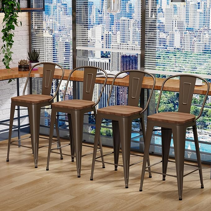 Changjie Furniture 26 Inches Metal Barstools Set of 4 Counter Height Bar Stools Industrial Stools with Backs High Back Chairs for Kitchen Island (26 Inch, Rusty)