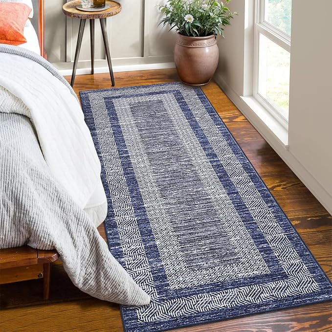 Washable 2.5x10 Kitchen Runner Navy Blue Rug, Easy Clean Geometri Rugs - Image 2
