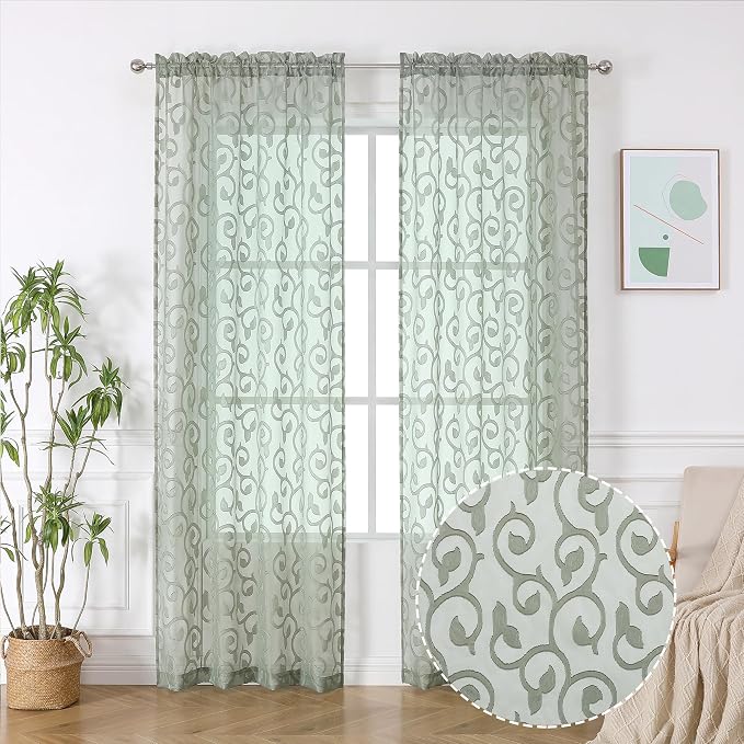 OWENIE Furman Sheer Sage Green Curtains 84 inches Long - Image 2
