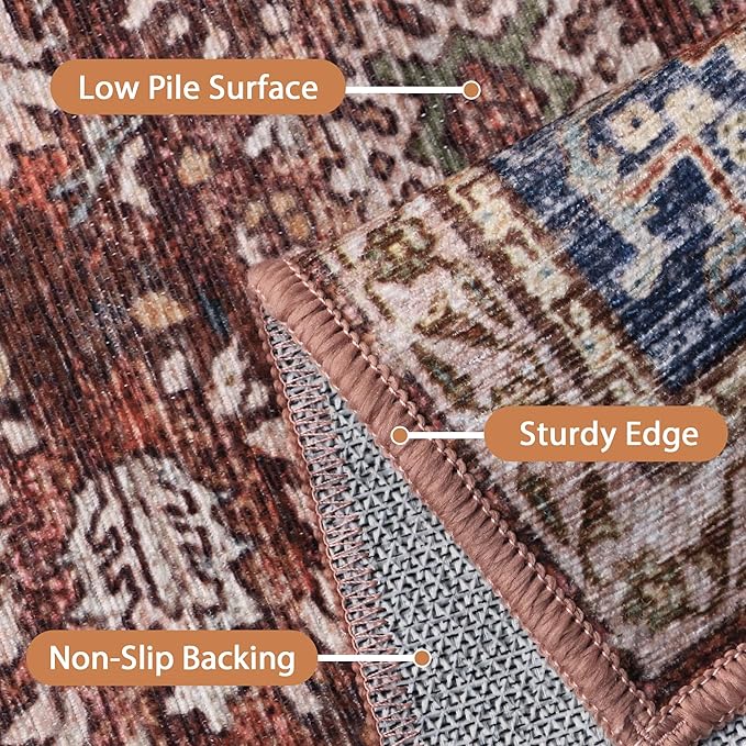 8X10 Area Rugs Machine Washable Rugs for Living Room, Vintage Boho Large Rugs for Bedroom Dining Room, Non Slip Indoor Soft Distressed Lightweight Thin Low Pile Carpet, Red Brown