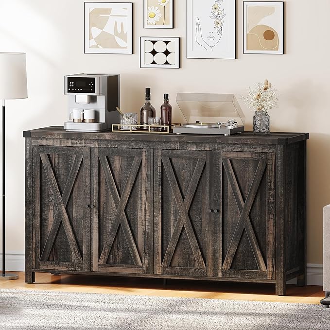 YITAHOME Farmhouse Sideboard Buffet Cabinet with Storage with 4 Doors, 55'' Large Kitchen Storage Cabinet, Wood Coffee Bar Cabinet with Adjustable Shelf for Kitchen, Living Room, Dark Oak