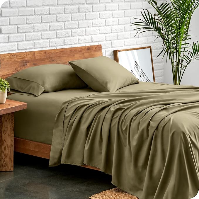 Bare Home Split Head Flex King Sheet Set - 1800 Ultra-Soft Microfiber Bed Sheets - Double Brushed - Deep Pockets - Easy Fit - 4 Piece Set - FlexTop King Bedding Sheets (Split Head Flex King, Olive)