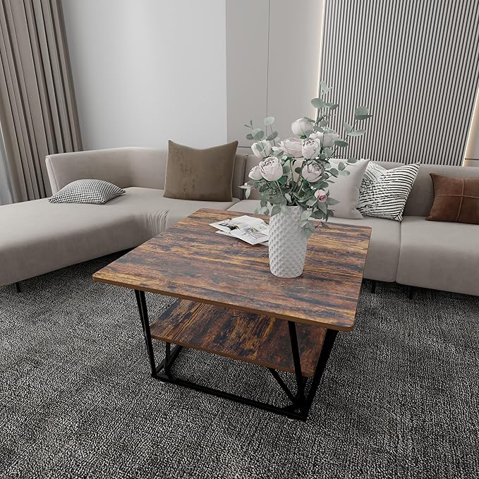 Elephance Square Coffee Table for Living Room, Modern 31.5" Two-Tier Caramel Brown Table with Wooden Top-Almond and Black Frame