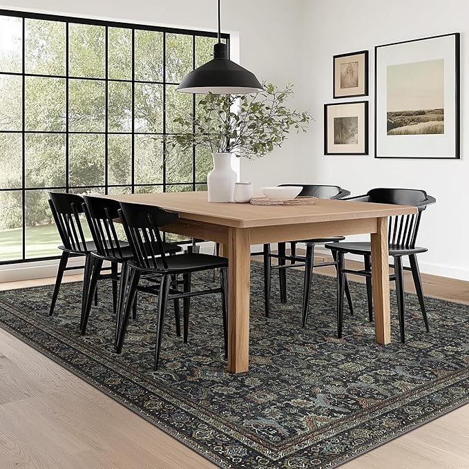 8X10 Area Rugs Machine Washable Rugs for Living Room, Vintage Boho Large Rugs for Bedroom Dining Room, Non Slip Indoor Soft Distressed Lightweight Thin Low Pile Carpet, Black