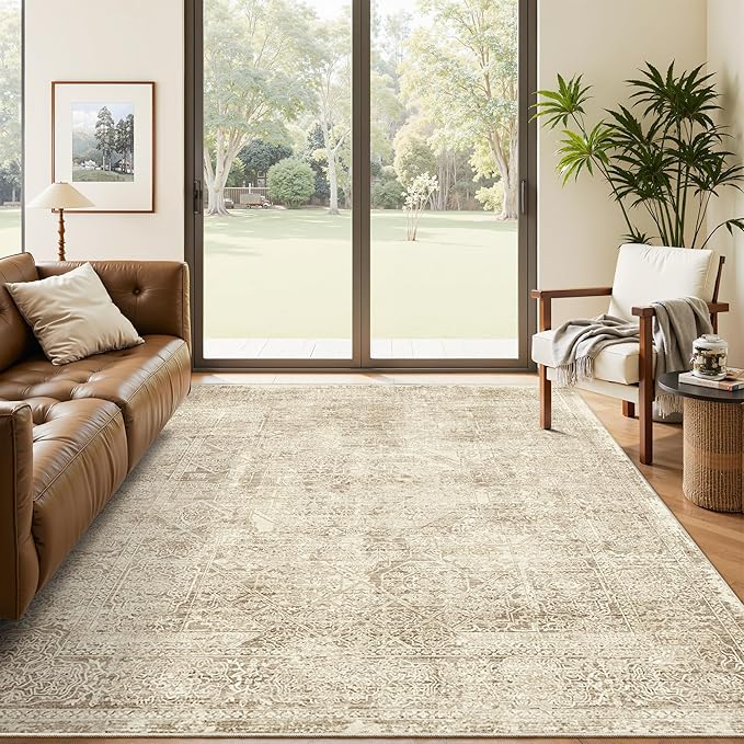 5x7 Area Rugs Brown Low Pile Indoor Washable Trendy Faded Style Floral Rugs by Soalmost
