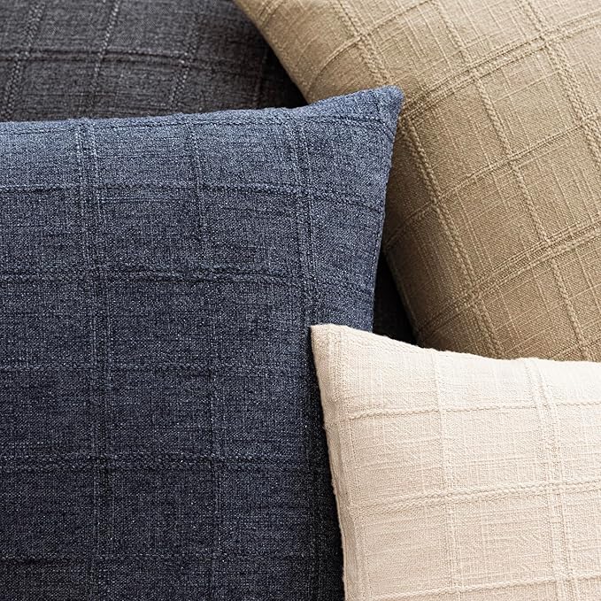 Foindtower Set of 2 Decorative Linen Check Throw Pillow Covers Neutral Farmhouse Lumbar Cushion Covers Modern Boho Home Decor for Sofa Chair Couch Bedroom Living Room Outdoor,12×20 Inch,Navy Blue