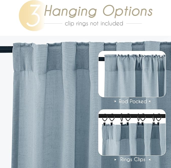 Dusty Blue Linen Curtains for Living Room Back Tab Light Filtering Semi Sheer - Image 3