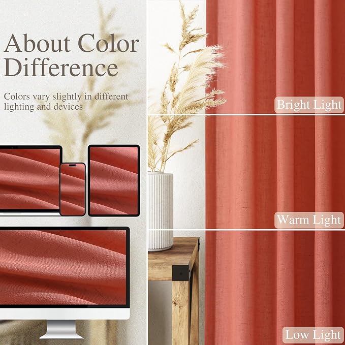 Nanspring Coral Linen Curtains 120 Inches Long 2 Panels Set Back Tab Loop - Image 3
