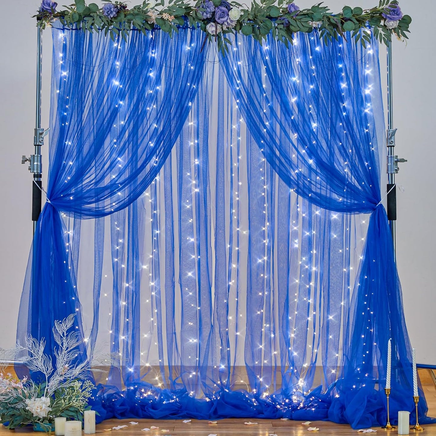 Royal Blue Backdrop Curtains with Lights String for Parites Wedding 10×8ft Sheer Tulle Backdrop Curtain for Graduation Ceremony Baby Shower Birthday Party Prom Photo Shoot Background Decorations