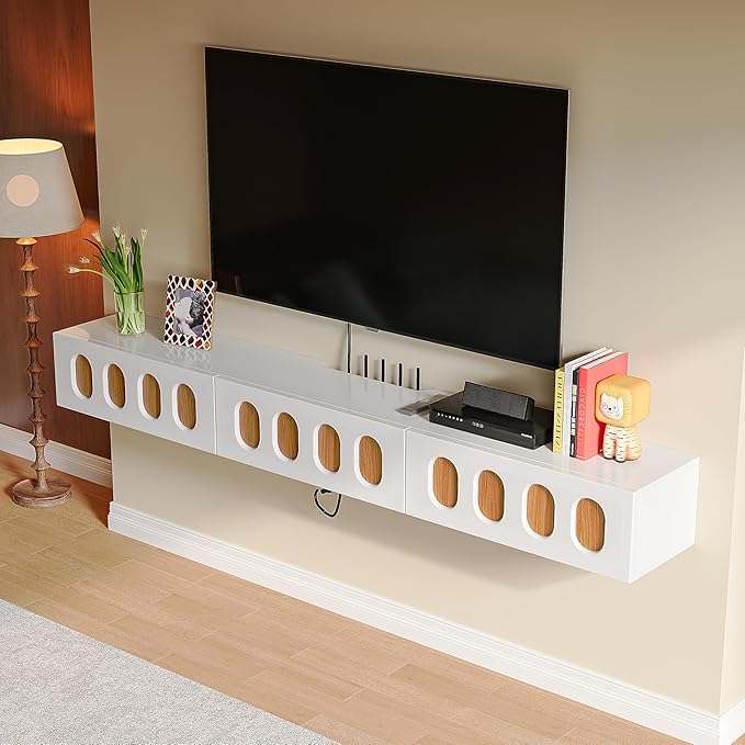 Floaticase Floating TV Stand, 86IN Fully Assembled High Gloss Wall Mounted Entertainment Center with Flip-Down Doors & Drawers, TV Console Under TV Shelf for Bedroom Livingroom
