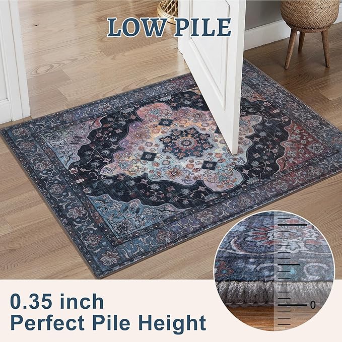 Tangsoo 2x5 Washable Runner Rug for Hallways, Non Slip Vintage Runner, Soft Low Pile Long Rug Runner, Print Distressed Navy/Mlulti Carpet Runners for Kitchen Bedroom Entryway Bathroom Living Room