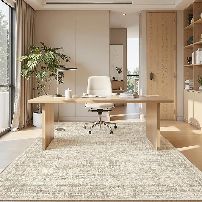 5x8 Area Rugs Beige Low Pile Indoor Washable Trendy Faded Style Rugs - Image 4
