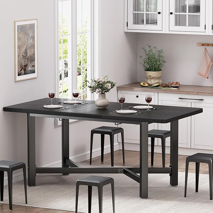Dining Table for 4-6,62“Extendable Round Kitchen Dining Room Table, Space Saving Rectangle Large Expandable Wood Dinner Furniture for Small Space（47-62In*28In*30In） (Grey)