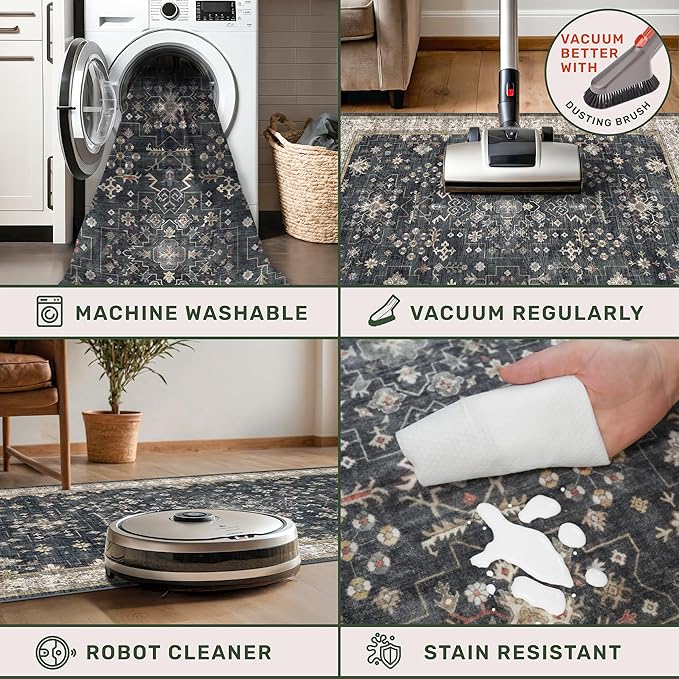 Black Boho Washable 2x6 Runner Rugs for Hallway Kitchen Bedroom Beside Laundry Room Bathroom Rug, Pet & Kids Friendly, Non Slip Low Pile Stain Resistant Soft Faux Wool Long 24 x 72 Floor Carpet