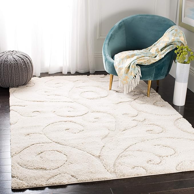 SAFAVIEH Florida Shag Collection Area Rug - 5'3" x 7'6", Creme & Creme, Scroll Design, Non-Shedding & Easy Care, 1.2-inch Thick Ideal for High Traffic Areas in Living Room, Bedroom (SG455-1111)