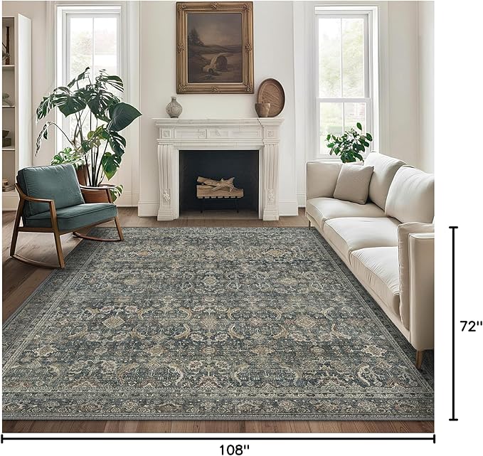 6X9 Area Rugs Machine Washable Rugs for Living Room, Vintage Boho Large Rugs for Bedroom Dining Room, Non Slip Indoor Soft Distressed Lightweight Thin Low Pile Carpet, Deep